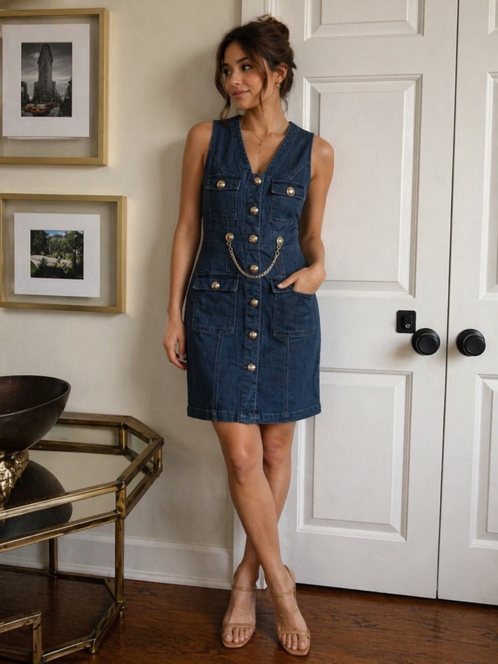 VENUS Blue Denim Mini Dress with Gold Button Detail